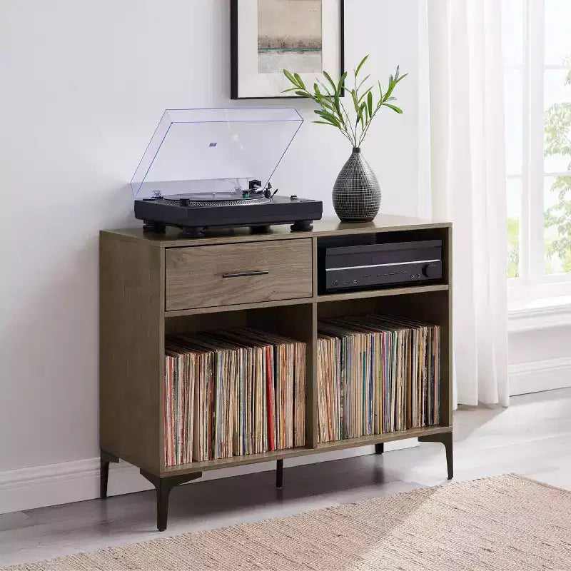 Crosley 40 po Meuble média de rangement pour vinyles Sydney Noyer : Rangement vinyles, Meuble média avec étagères ouvertes