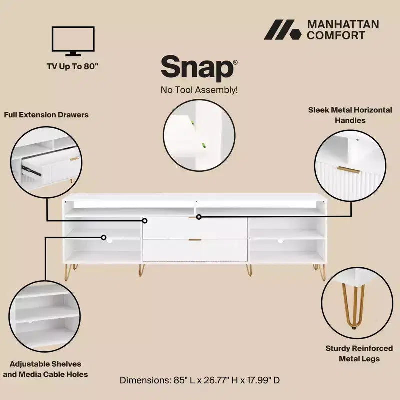 Meuble TV Dumbo Manhattan Comfort de 85 po pour téléviseurs jusqu'à 80 po, blanc