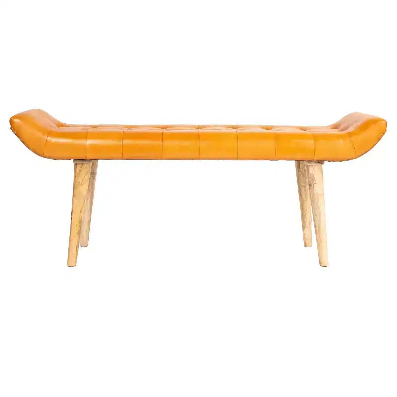 Banc en cuir de chèvre Storied Home, couleur tabac : cadre en bois de manguier, ottoman rectangulaire rembourré, assemblage par un adulte.