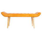 Banc en cuir de chèvre Storied Home, couleur tabac : cadre en bois de manguier, ottoman rectangulaire rembourré, assemblage par un adulte.