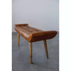 Banc en cuir de chèvre Storied Home, couleur tabac : cadre en bois de manguier, ottoman rectangulaire rembourré, assemblage par un adulte.