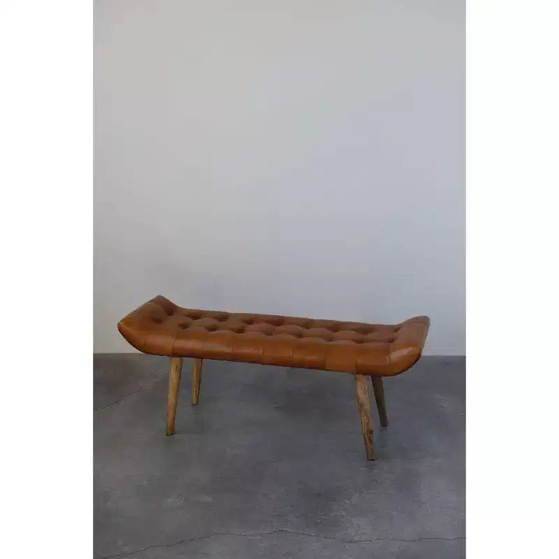Banc en cuir de chèvre Storied Home, couleur tabac : cadre en bois de manguier, ottoman rectangulaire rembourré, assemblage par un adulte.