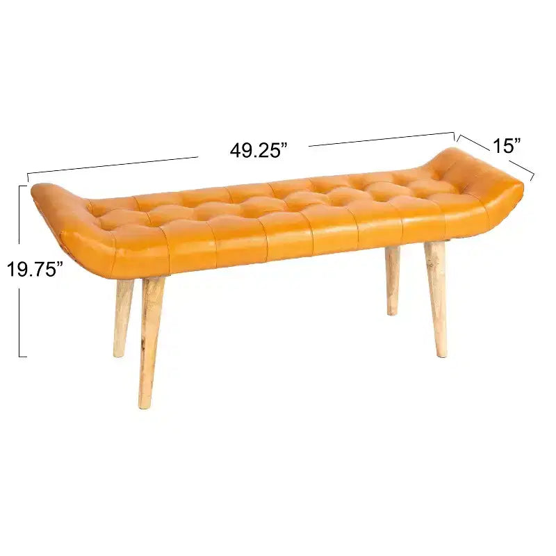 Banc en cuir de chèvre Storied Home, couleur tabac : cadre en bois de manguier, ottoman rectangulaire rembourré, assemblage par un adulte.