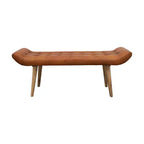Banc en cuir de chèvre Storied Home, couleur tabac : cadre en bois de manguier, ottoman rectangulaire rembourré, assemblage par un adulte.