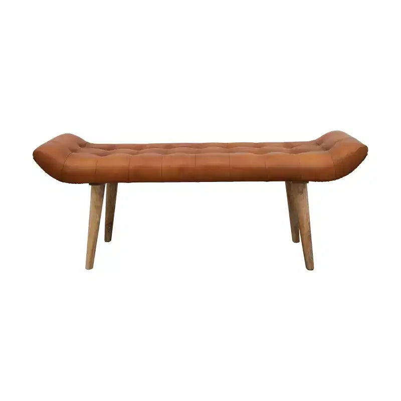 Banc en cuir de chèvre Storied Home, couleur tabac : cadre en bois de manguier, ottoman rectangulaire rembourré, assemblage par un adulte.