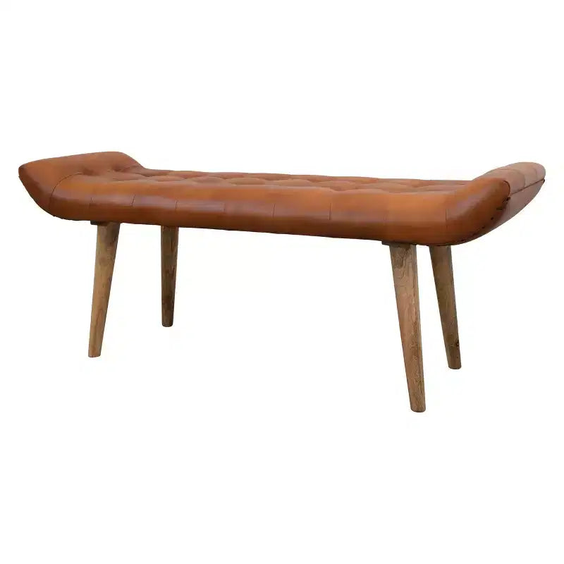 Banc en cuir de chèvre Storied Home, couleur tabac : cadre en bois de manguier, ottoman rectangulaire rembourré, assemblage par un adulte.