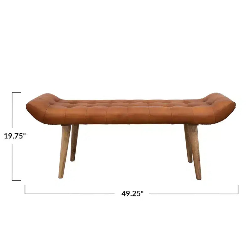 Banc en cuir de chèvre Storied Home, couleur tabac : cadre en bois de manguier, ottoman rectangulaire rembourré, assemblage par un adulte.