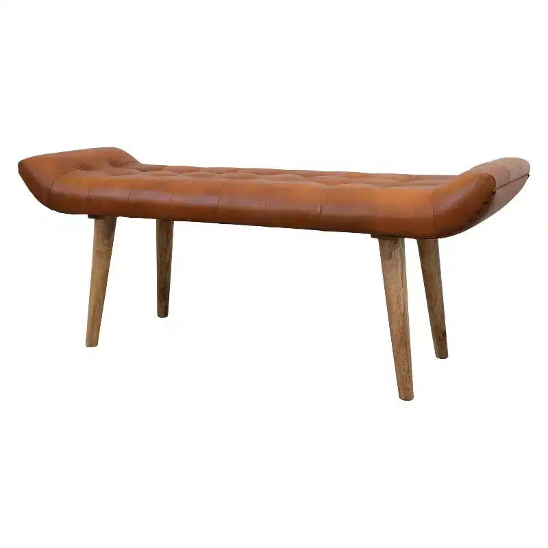 Banc en cuir de chèvre Storied Home, couleur tabac : cadre en bois de manguier, ottoman rectangulaire rembourré, assemblage par un adulte.