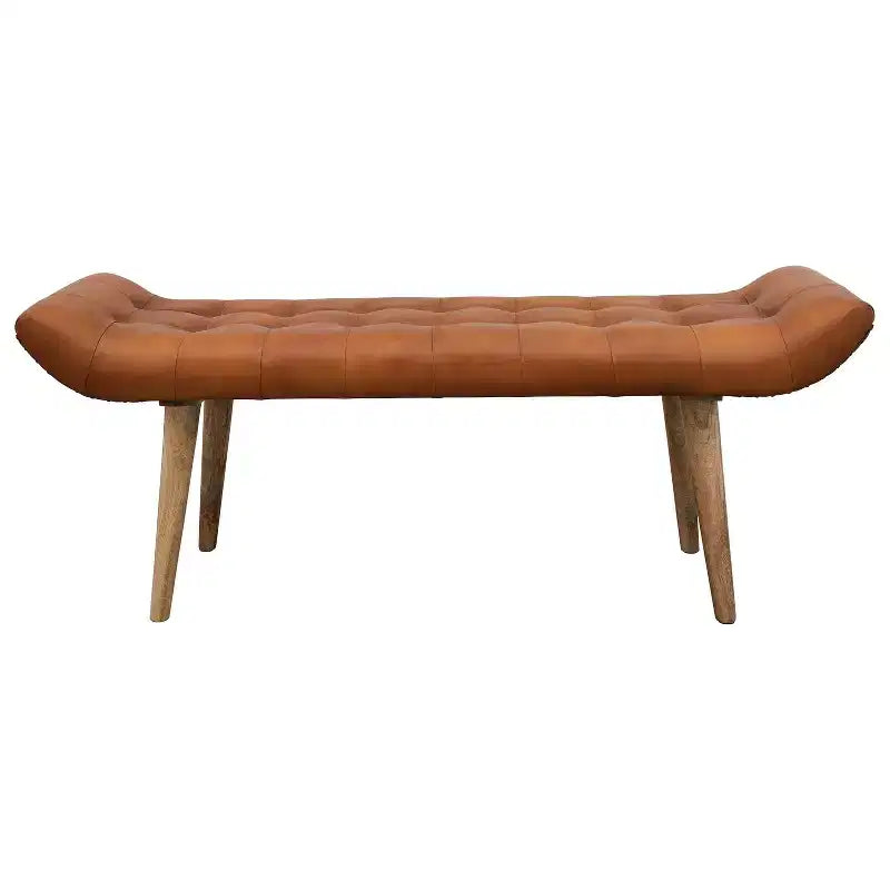 Banc en cuir de chèvre Storied Home, couleur tabac : cadre en bois de manguier, ottoman rectangulaire rembourré, assemblage par un adulte.