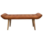 Banc en cuir de chèvre Storied Home, couleur tabac : cadre en bois de manguier, ottoman rectangulaire rembourré, assemblage par un adulte.