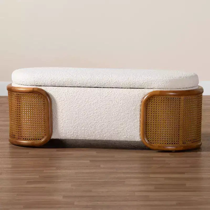 Banc de rangement Baxton Studio Basira en tissu bouclette : plateau relevable, ovale, style Japandi