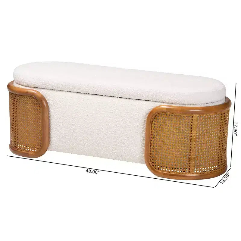 Banc de rangement Baxton Studio Basira en tissu bouclette : plateau relevable, ovale, style Japandi