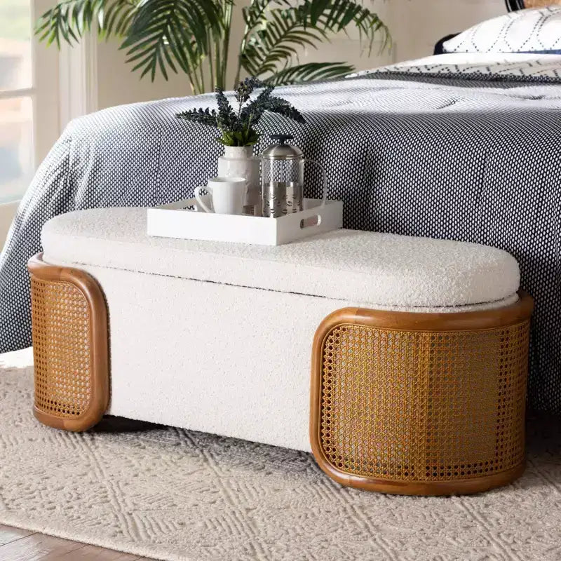 Banc de rangement Baxton Studio Basira en tissu bouclette : plateau relevable, ovale, style Japandi