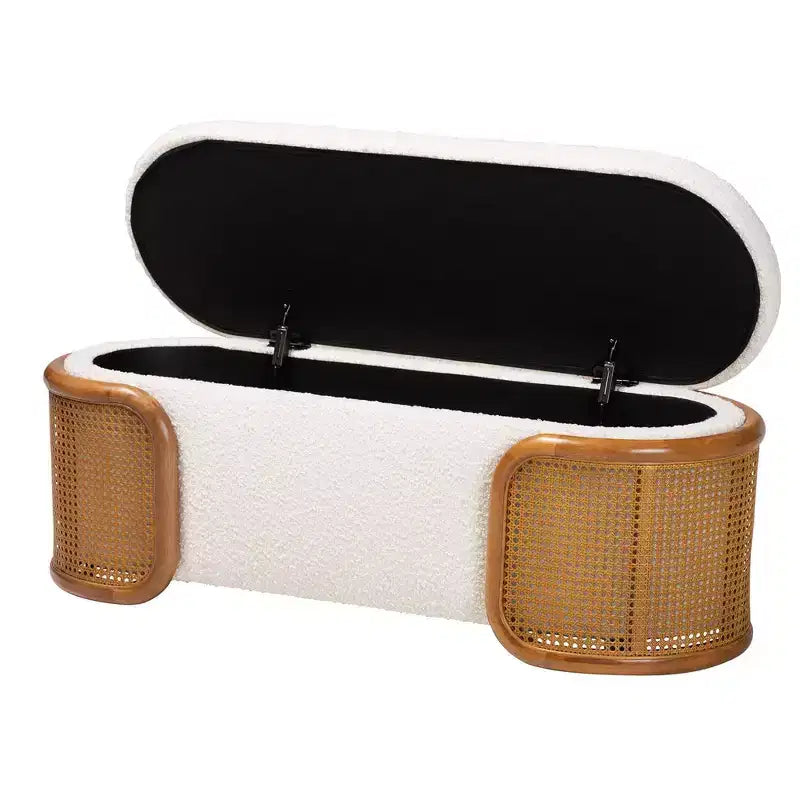 Banc de rangement Baxton Studio Basira en tissu bouclette : plateau relevable, ovale, style Japandi