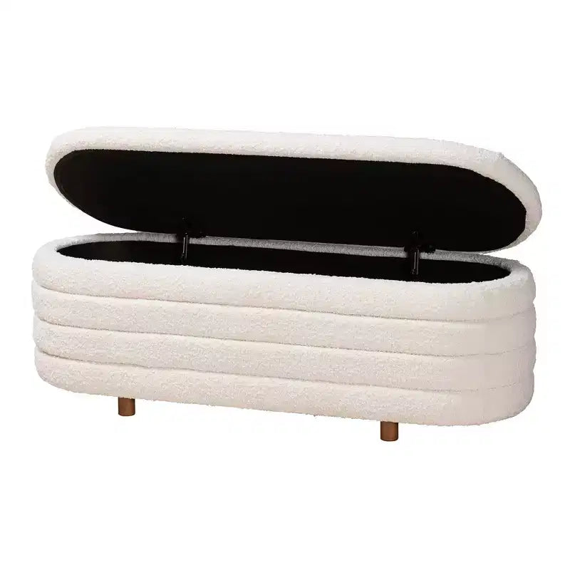 Banc de rangement en tissu et bois Betiana Crème/Noyer Brun - Baxton Studio : Inspiration Japandi, dessus relevable, rembourré de mousse