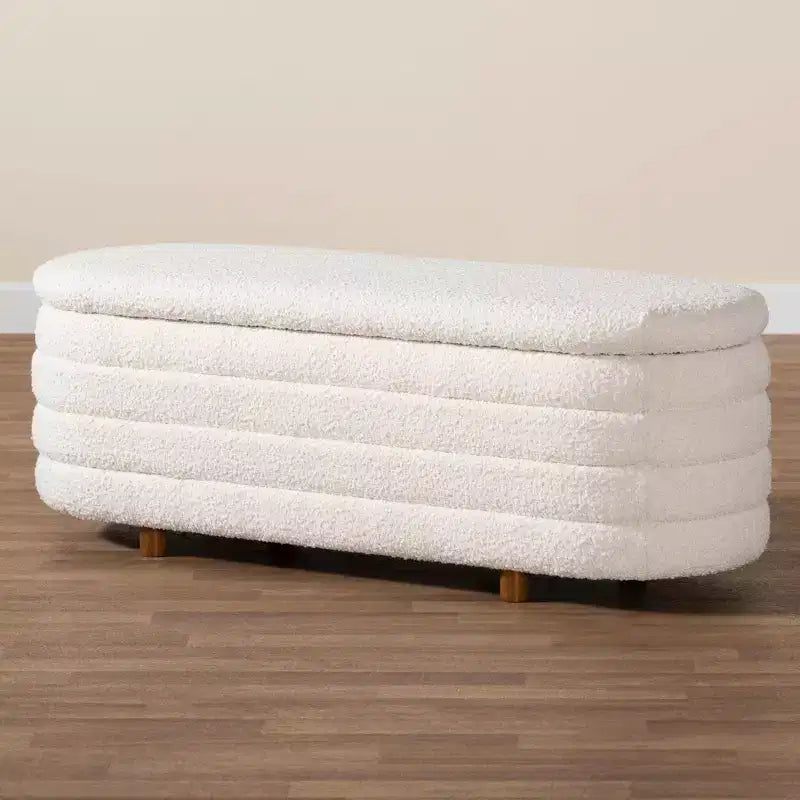 Banc de rangement en tissu et bois Betiana Crème/Noyer Brun - Baxton Studio : Inspiration Japandi, dessus relevable, rembourré de mousse