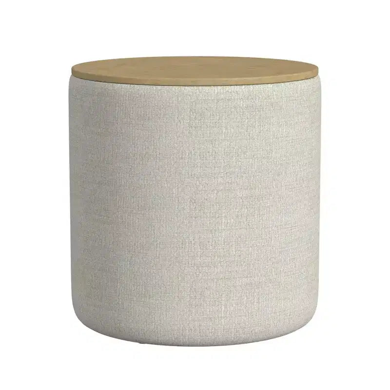 Pouf de rangement avec plateau en bois gris clair - HomePop : Rembourré, Rond, Capitonnage, Structure en bois