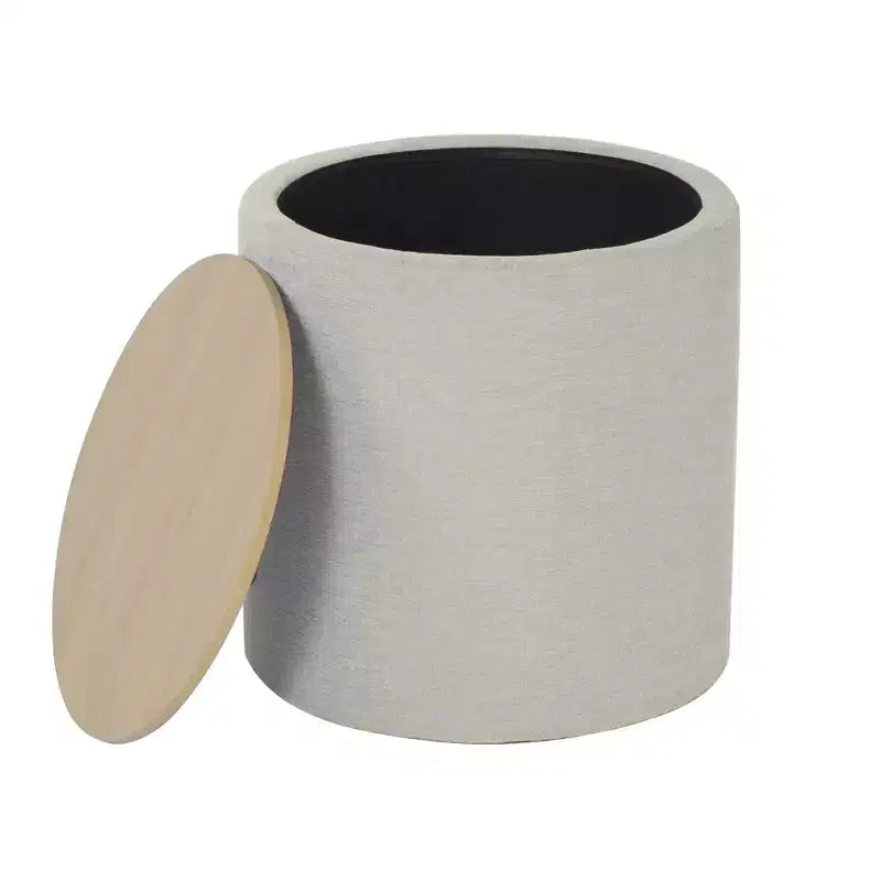 Pouf de rangement avec plateau en bois gris clair - HomePop : Rembourré, Rond, Capitonnage, Structure en bois
