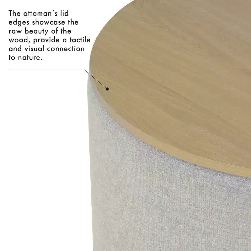 Pouf de rangement avec plateau en bois gris clair - HomePop : Rembourré, Rond, Capitonnage, Structure en bois