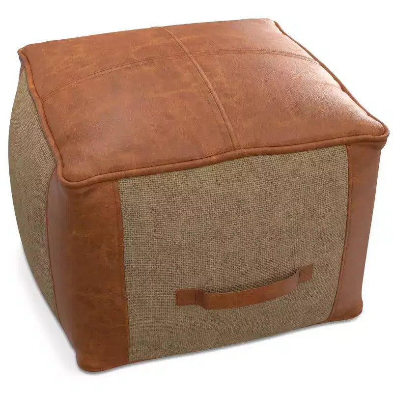 Pouf Castlebridge Tan - WyndenHall : Ottoman carré contemporain, revêtement en cuir amovible, motif abstrait, capacité de 113 kg