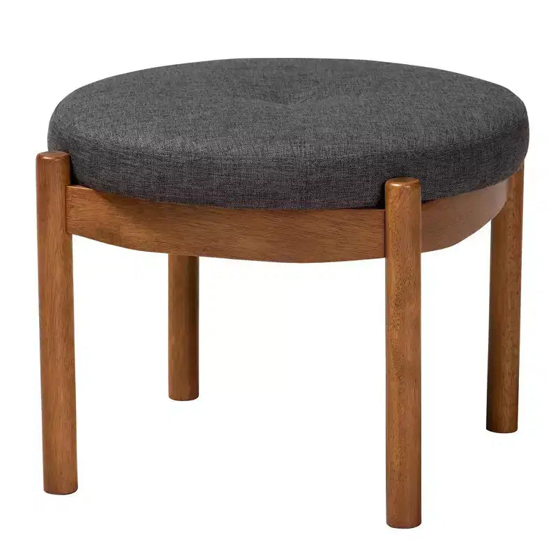 Iliana Pouf Ottomane en Tissu et Bois Gris Foncé/Noyer - Baxton Studio