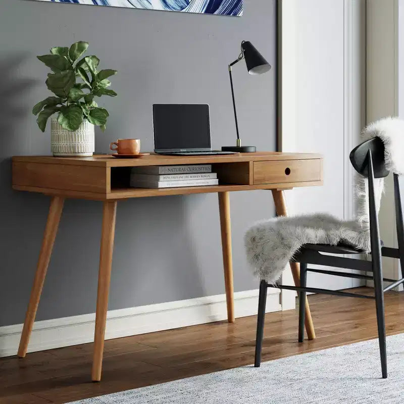 Bureau Nathan James Parker mi-siècle avec tiroir acacia marron clair : Plateau MDF, pieds en bois massif, mobilier de bureau à domicile