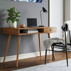 Bureau Nathan James Parker mi-siècle avec tiroir acacia marron clair : Plateau MDF, pieds en bois massif, mobilier de bureau à domicile