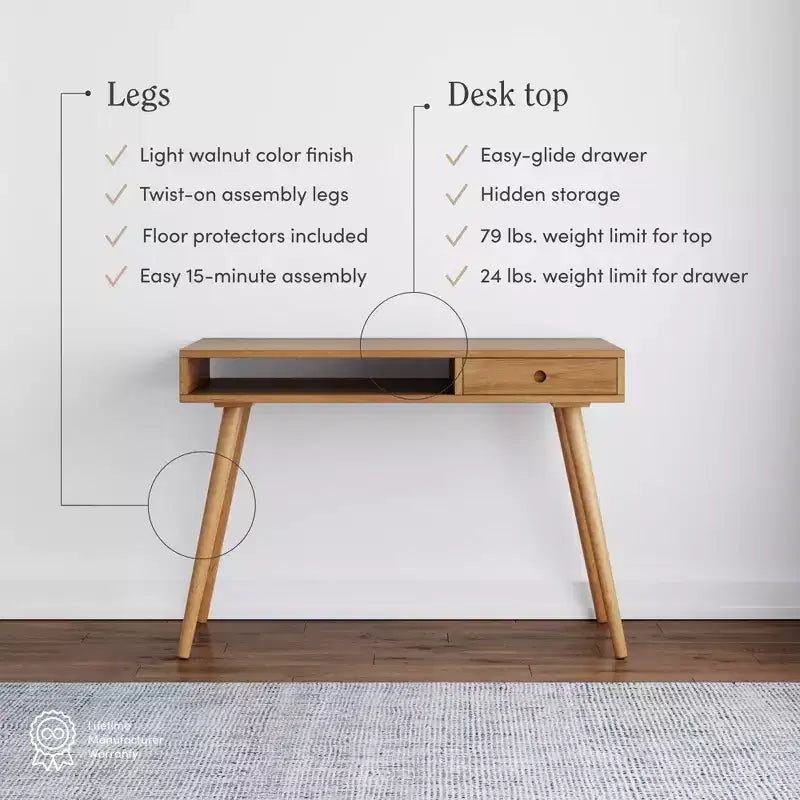 Bureau Nathan James Parker mi-siècle avec tiroir acacia marron clair : Plateau MDF, pieds en bois massif, mobilier de bureau à domicile