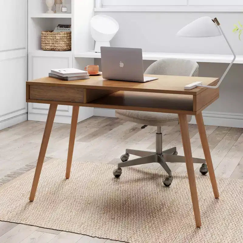 Bureau Nathan James Parker mi-siècle avec tiroir acacia marron clair : Plateau MDF, pieds en bois massif, mobilier de bureau à domicile