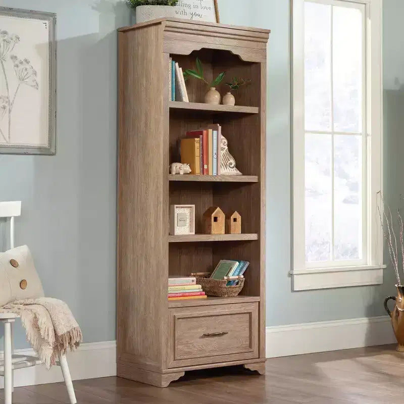 Sauder Étagère à 4 tablettes 72 po Rollingwood Country chêne brossé : unité de rangement avec tablettes réglables et tiroir