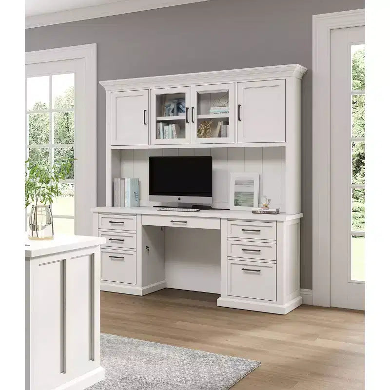 Bureau-crédence en bois moderne avec huche, entièrement assemblé, blanc - Collection Abby - Martin Furniture