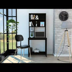 Bureau d'ordinateur Jeddah noir - Boahaus : style moderne, résistant aux rayures, étagère de rangement ouverte, stratifié de bois