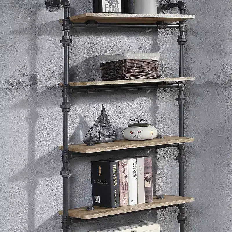 Étagère décorative Brantley de 59 po chêne et noir sablé – Acme Furniture : 5 tablettes, cadre en métal, unité de rayonnage ouverte, assemblage sans outils