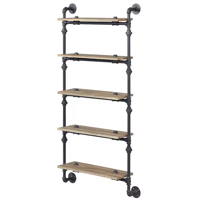 Étagère décorative Brantley de 59 po chêne et noir sablé – Acme Furniture : 5 tablettes, cadre en métal, unité de rayonnage ouverte, assemblage sans outils