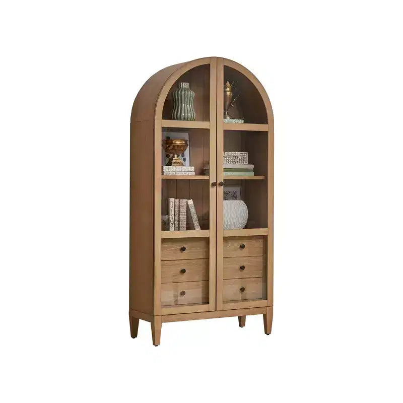Bibliothèque en bois moderne cintrée de 198 cm, collection Laurel, marron clair - Martin Furniture : Rangement vertical, 3 tiroirs