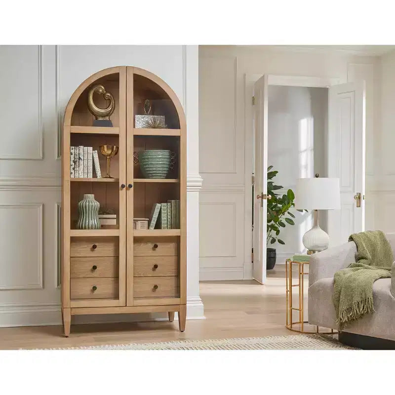 Bibliothèque en bois moderne cintrée de 198 cm, collection Laurel, marron clair - Martin Furniture : Rangement vertical, 3 tiroirs