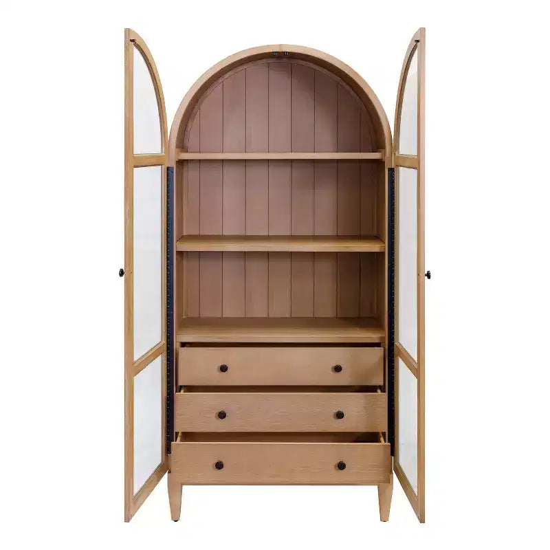 Bibliothèque en bois moderne cintrée de 198 cm, collection Laurel, marron clair - Martin Furniture : Rangement vertical, 3 tiroirs