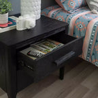 Table d'appoint Wiley Mid-Century Modern en bois massif noir 2 tiroirs - Linon : placage de chêne, pieds en hévéa, rangement
