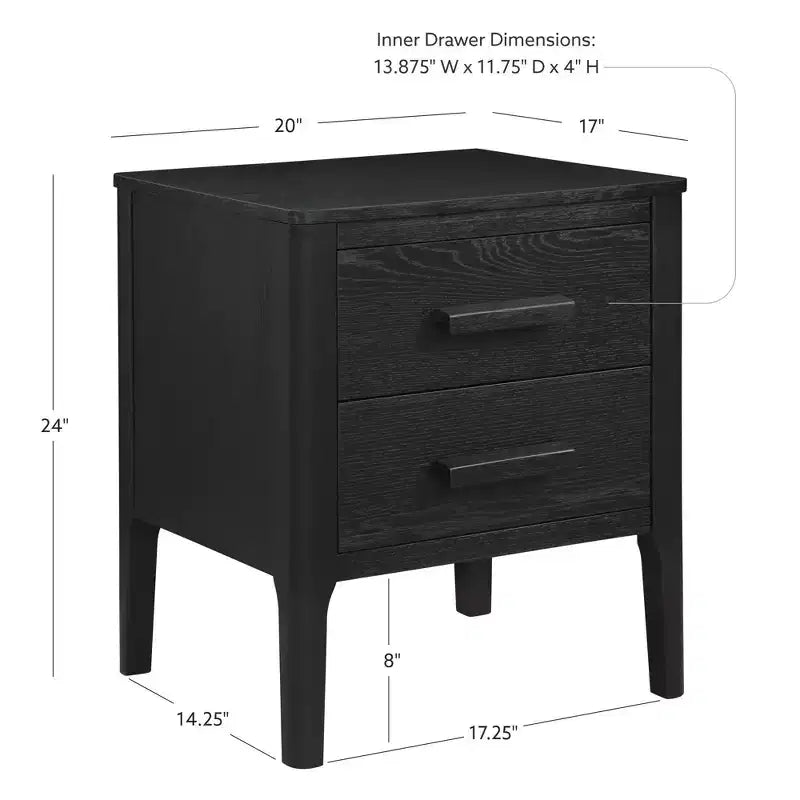 Table d'appoint Wiley Mid-Century Modern en bois massif noir 2 tiroirs - Linon : placage de chêne, pieds en hévéa, rangement
