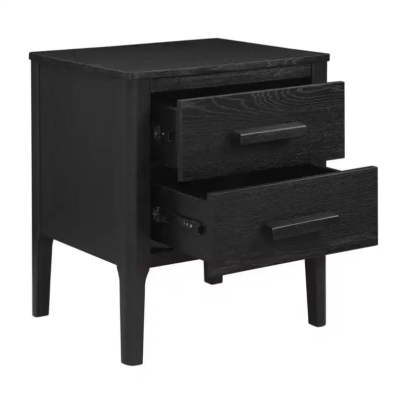 Table d'appoint Wiley Mid-Century Modern en bois massif noir 2 tiroirs - Linon : placage de chêne, pieds en hévéa, rangement