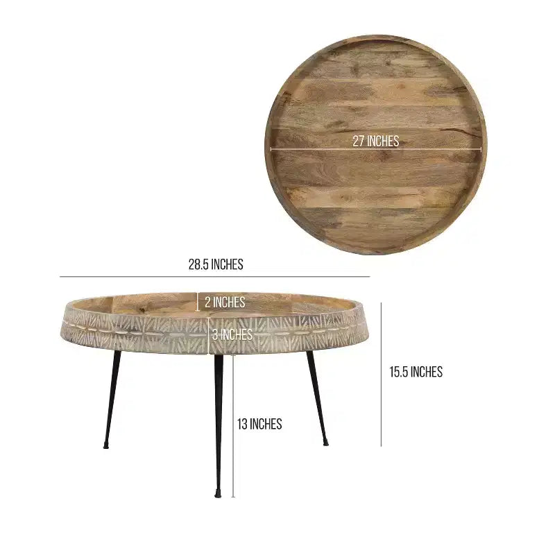 Table basse ronde moderne Urban Port de 29 po fabriquée à la main Plateau en bois marron naturel avec bord sculpté Pieds en fer noir Marron/Noir