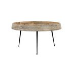Table basse ronde moderne Urban Port de 29 po fabriquée à la main Plateau en bois marron naturel avec bord sculpté Pieds en fer noir Marron/Noir
