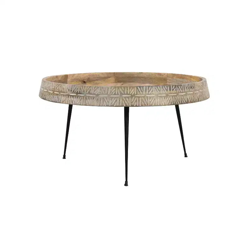Table basse ronde moderne Urban Port de 29 po fabriquée à la main Plateau en bois marron naturel avec bord sculpté Pieds en fer noir Marron/Noir
