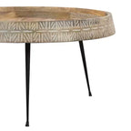 Table basse ronde moderne Urban Port de 29 po fabriquée à la main Plateau en bois marron naturel avec bord sculpté Pieds en fer noir Marron/Noir