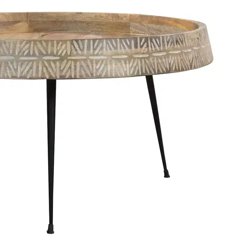 Table basse ronde moderne Urban Port de 29 po fabriquée à la main Plateau en bois marron naturel avec bord sculpté Pieds en fer noir Marron/Noir