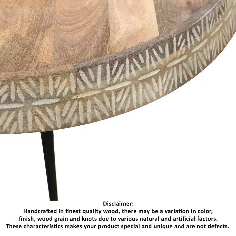 Table basse ronde moderne Urban Port de 29 po fabriquée à la main Plateau en bois marron naturel avec bord sculpté Pieds en fer noir Marron/Noir