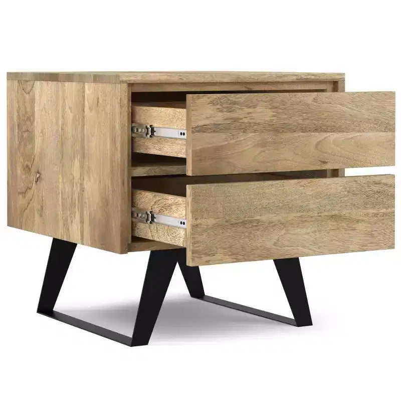 Table d'appoint WyndenHall Mitchell Naturel : Bois de manguier, design industriel moderne, quincaillerie métallique, tiroir de rangement