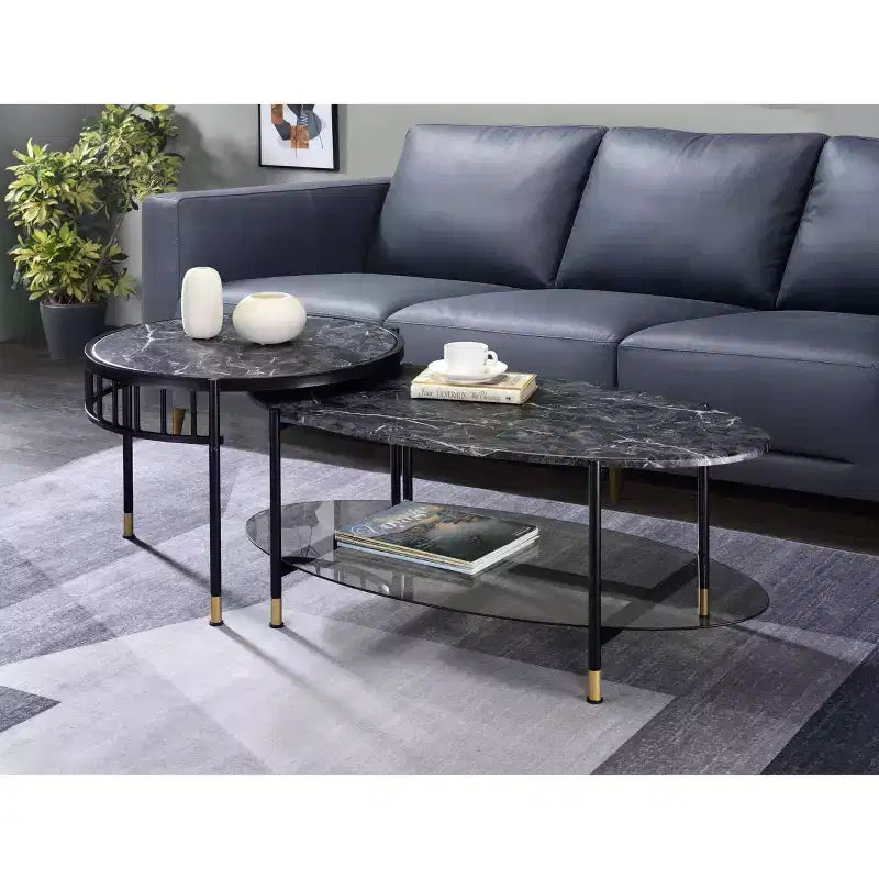 Ensemble de tables d'appoint rondes Acme Furniture Silas 40 po avec étagère : Fini marbre, base en métal