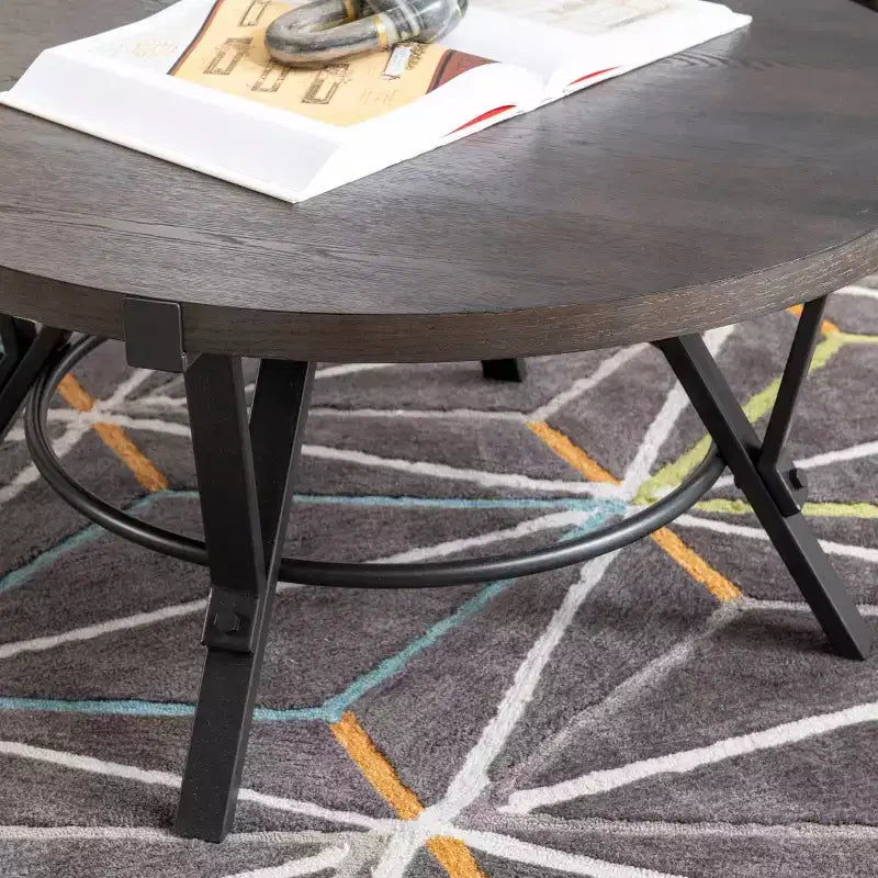 Powell Ensemble de 3 tables basses et d'appoint rondes Galway avec plateau en bois et métal gris anthracite marron charbon de bois : Ensemble de meubles de salon rustiques