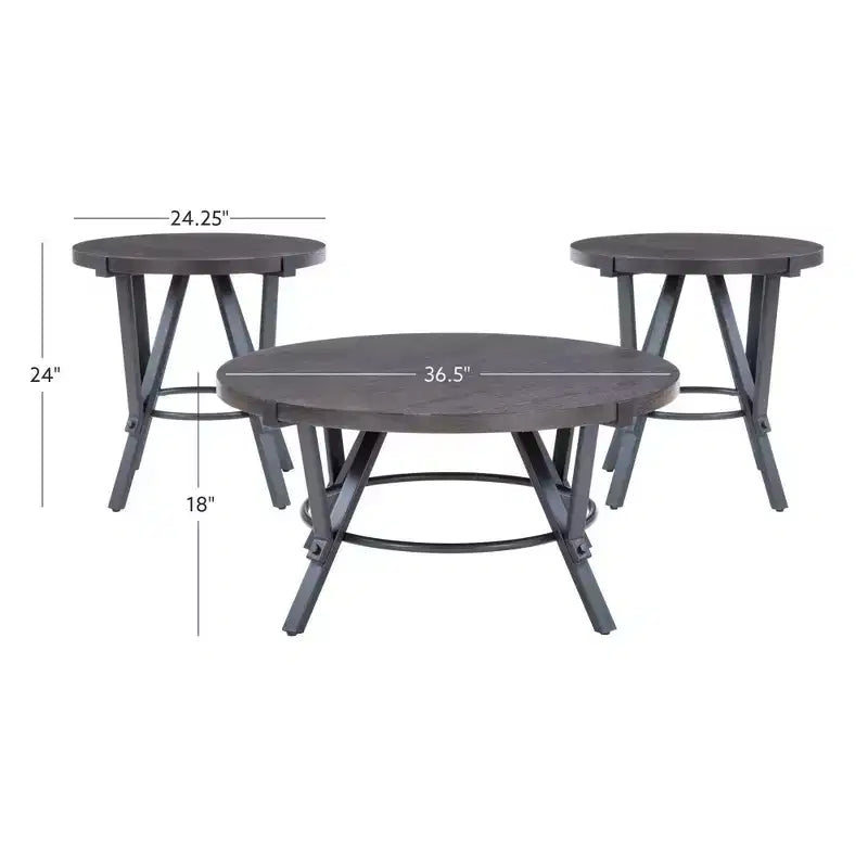 Powell Ensemble de 3 tables basses et d'appoint rondes Galway avec plateau en bois et métal gris anthracite marron charbon de bois : Ensemble de meubles de salon rustiques